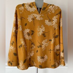 Boho Hoodie Mustard Yellow w/ Black & White Floral and Leaf Pattern